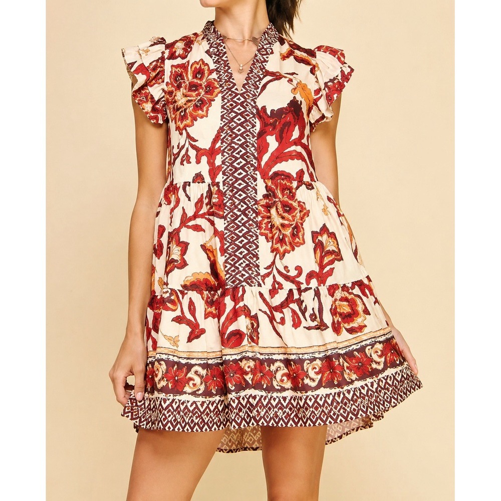 PINCH Boho Floral Tiered Mini Dress Size M Cream Burgundy Ruffle Sleeve